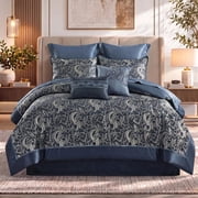Regency Heights 8 Pieces Jacquard Comforter Set with Bedskirt and Decor Pillows, Queen, Navy
