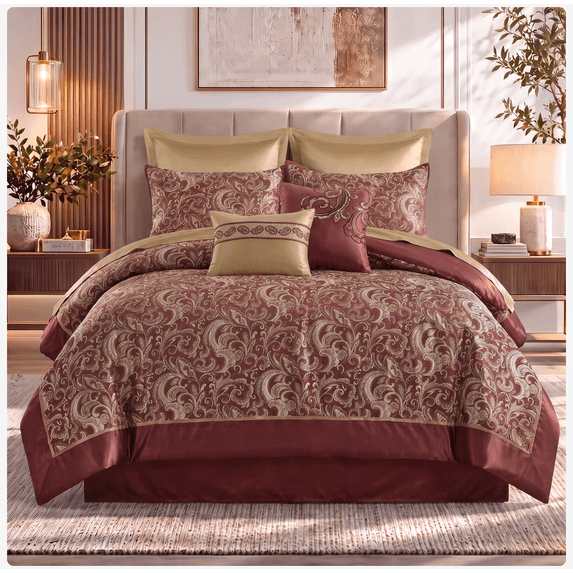 Regency Heights 8 Pieces Jacquard Comforter Set with Bedskirt and Decor Pillows, Queen, Red