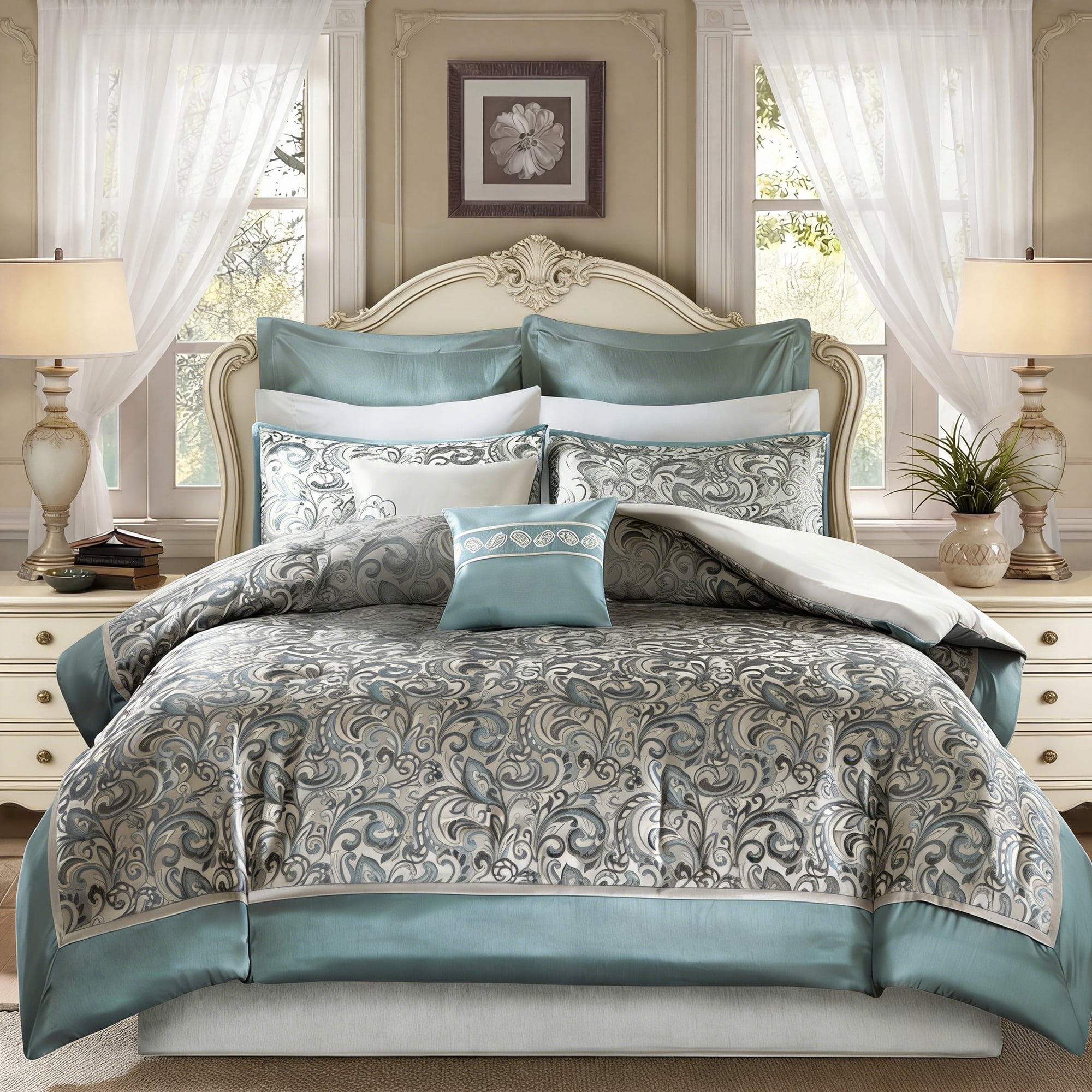 Regency Heights 8 Pieces Jacquard Comforter Set with Bedskirt and Decor Pillows, Queen, Teal