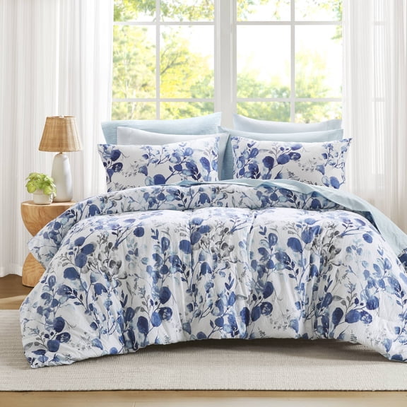 Regency Heights 9-Piece Full Size Seersucker Comforter Set with Sheets, Texture Botanical Print Bed in A Bag, Blue Bedding Set with Comforter, Flat Sheet, Fitted Sheet with Side Pocket