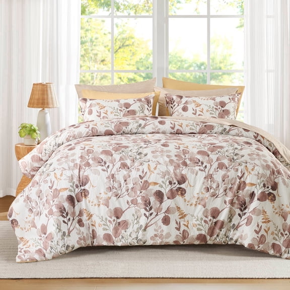 Regency Heights 9-Piece Full Size Seersucker Comforter Set with Sheets, Texture Botanical Print Bed in a Bag, Brown Bedding Comforter Set with Sheet Set with Side Pocket