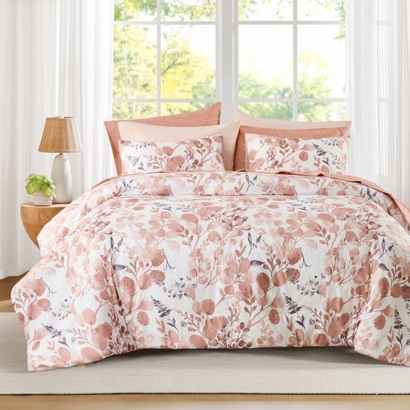 Regency Heights 9-Piece King Size Seersucker Comforter Set with Sheets, Texture Botanical Print Bed in A Bag, Coral Bedding Comforter Set with Sheet Set with Side Pocket