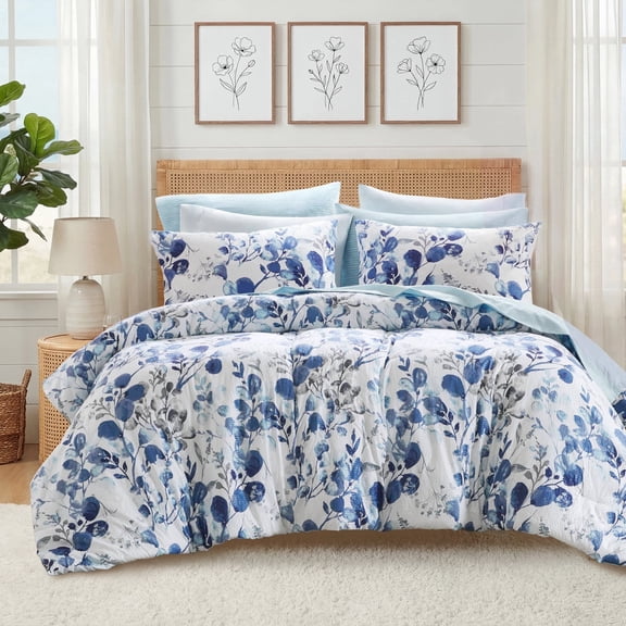 Regency Heights 9-Piece Queen Size Seersucker Comforter Set with Sheets, Textured Botanical Print Bed in a Bag, Blue Reversible Bedding Comforter Set with Flat Sheet, Fitted Sheet with Side Pocket
