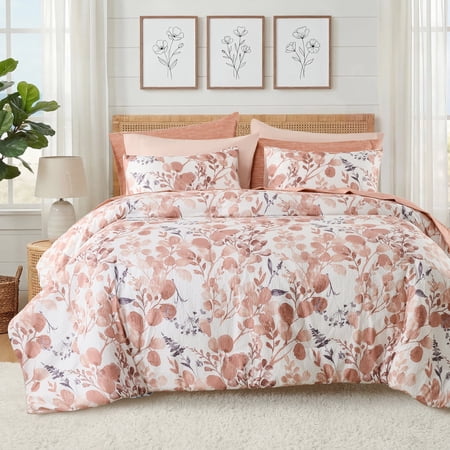 Regency Heights 9-Piece Queen Size Seersucker Comforter Set with Sheets, Texture Botanical Print Bed in a Bag, Coral Bedding Comforter Set with Sheet Set with Side Pocket price history and forecast - Regency Heights RH10-0428