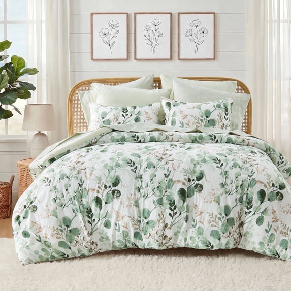Regency Heights 9-Piece Queen Size Seersucker Comforter Set with Sheets, Textured Botanical Print Bed in a Bag, Sage Green Bedding Comforter Set with Flat Sheet, Fitted Sheet with Side Pocket