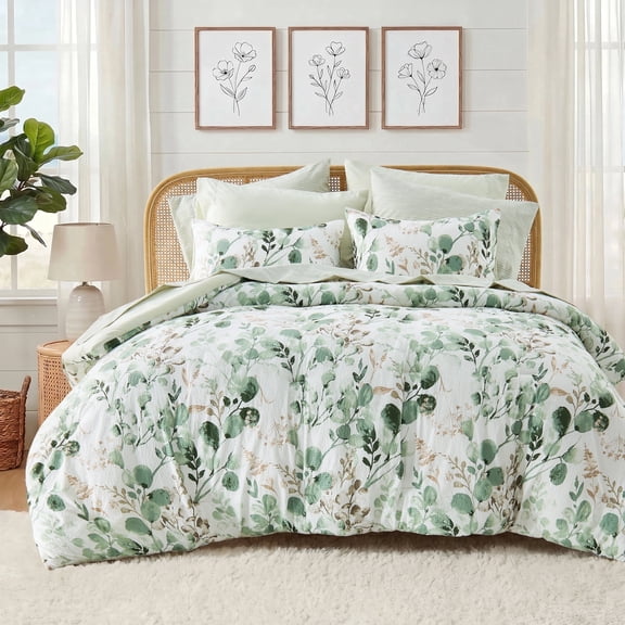 Regency Heights 9-Piece Queen Size Seersucker Comforter Set with Sheets, Textured Botanical Print Bed in a Bag, Sage Green Bedding Comforter Set with Flat Sheet, Fitted Sheet with Side Pocket