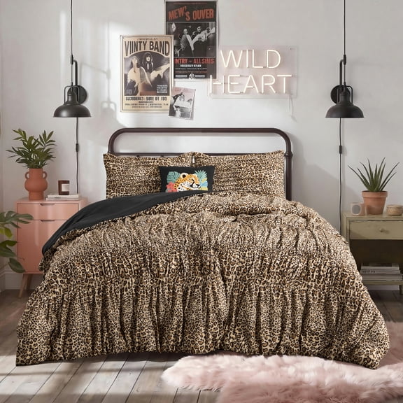 Regency Heights Twin/Twin XL Size Comforter Set, 3-Piece Brown Leopard Print Ruched Bedding Sets with Decorative Pillow, Machine Washable for All-Season
