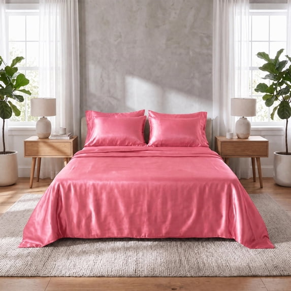 Regency Heights Barbie Pink Satin Sheet Set Twin Size, 4-Piece Silky Bed Sheets with 16" Deep Pocket Fitted Sheet