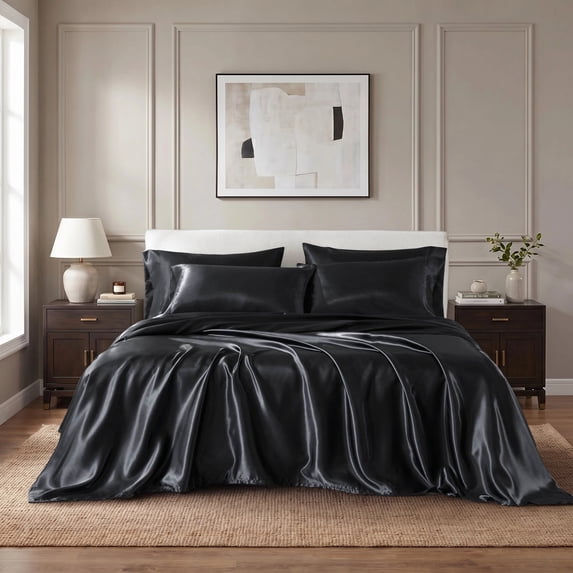 Regency Heights Black Satin Sheet Set Queen Size, 6-Piece Silky Bed Sheets with 16" Deep Pocket Fitted Sheet