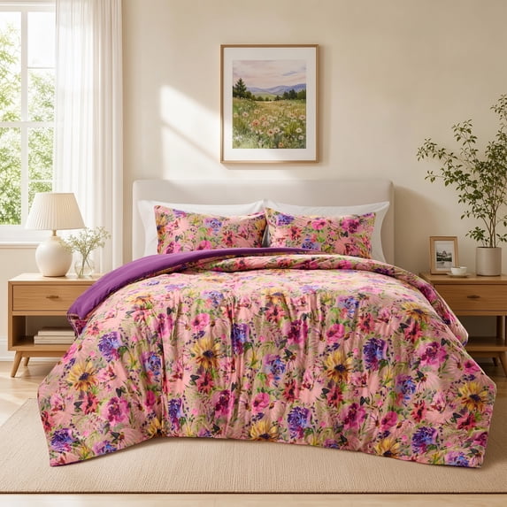 Regency Heights Full/Queen Velvet Comforter Set – 3-Piece Plum Floral Bedding, Vintage Cottage Shabby Chic Decor