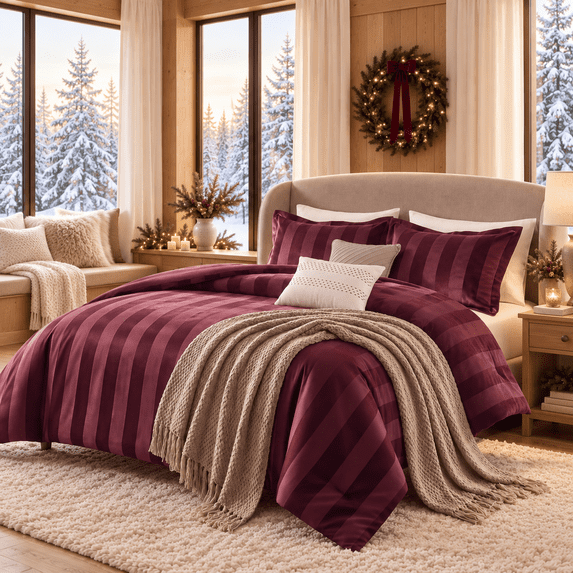 Regency Heights Queen Size Comforter Set, 5-Piece Luxury Brushed Velvet Striped Bedding Set with Decor Pillows, Soft Cozy Comforter and Matching Shams, All Season, Burgundy Red