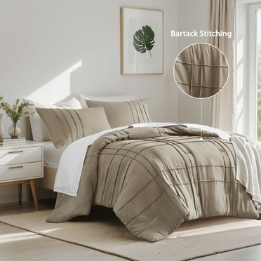 Regency Heights Cal King Comforter Set, Boho 3-Piece Pintuck Stitching Bedding Set, Soft Washed Pleated Bed Sets with Pillow Sham Khaki
