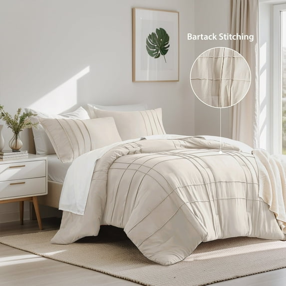 Regency Heights Cal King Comforter Set, Boho 3-Piece Pintuck Stitching Bedding Set, Soft Washed Pleated Bed Sets with Pillow Sham Neutral
