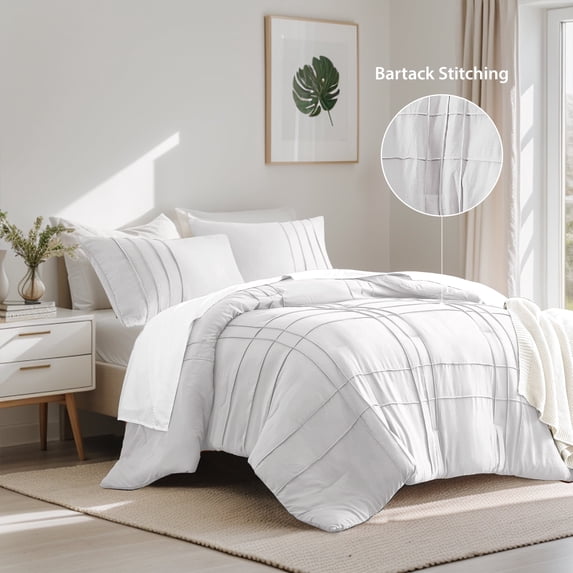 Regency Heights Cal King Comforter Set, Boho 3-Piece Pintuck Stitching Bedding Set, Soft Washed Pleated Bed Sets with Pillow Sham White
