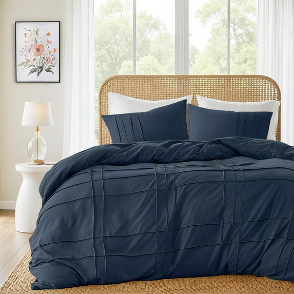 Regency Heights Cal King Duvet Cover Set, Soft Washed Pleated Duvet Cover Cal King, 3-Piece Bedding Set with Pillow Shams, Navy
