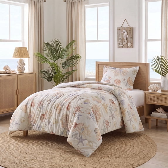 Regency Heights Coastal Comforter Set Twin/Twin XL, 2-Piece Watercolor Seashell & Starfish Reversible Bedding Set for Dorm, Nautical Ocean Comforter with Sham for All Season, Cream Ivory