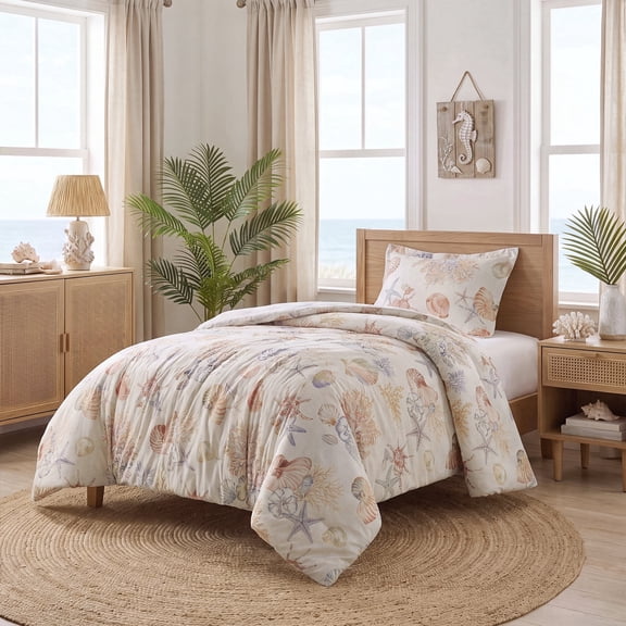 Regency Heights Coastal Comforter Set Twin/Twin XL, 2-Piece Watercolor Seashell & Starfish Reversible Bedding Set for Dorm, Nautical Ocean Comforter with Sham for All Season, Cream Ivory