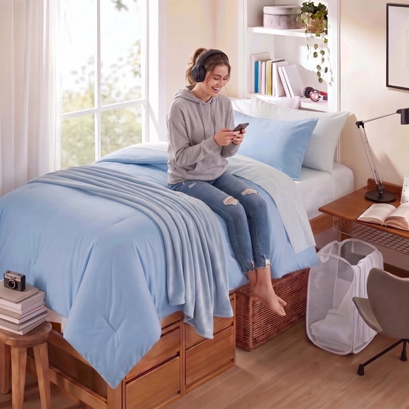 Regency Heights College Dorm Comforter Set Twin XL Size, Blue Bed in a Bag with Bath Towels, Laundry Basket, 9-Piece Dorm Bedding with Dorm Accessories