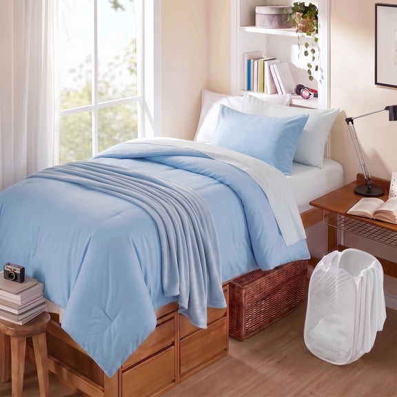 Regency Heights College Dorm Comforter Set Twin XL Size, Blue Bed in a Bag with Bath Towels, Laundry Basket, 9-Piece Dorm Bedding with Dorm Accessories