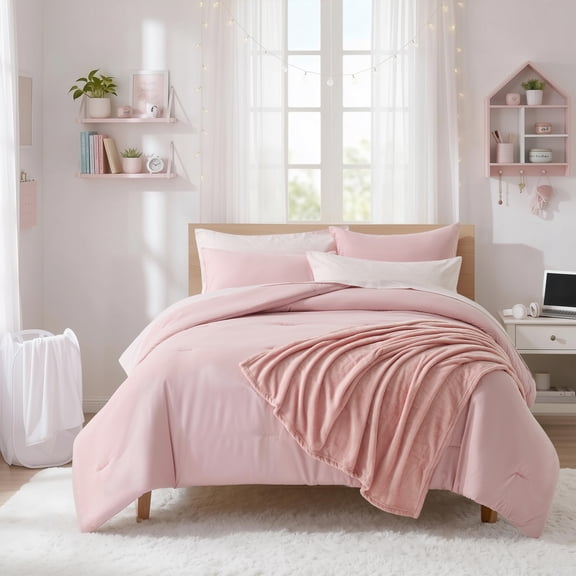 Regency Heights College Dorm Comforter Set Twin XL Size, Pink Bed in a Bag with Bath Towels, Laundry Basket, 9-Piece Dorm Bedding with Dorm Accessories