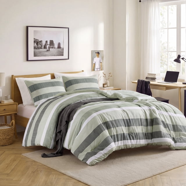 Regency Heights 3-Piece Comforter Sets, Reversible Striped Comforter Set for Dorm, Lightweight All Season Bedding Set with Pillow Shams, King, Sage