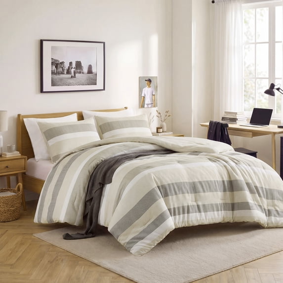 Regency Heights 3-Piece Comforter Sets, Reversible Striped Comforter Set for Dorm, Lightweight All Season Bedding Set with Pillow Shams,Full/Queen, Neutral