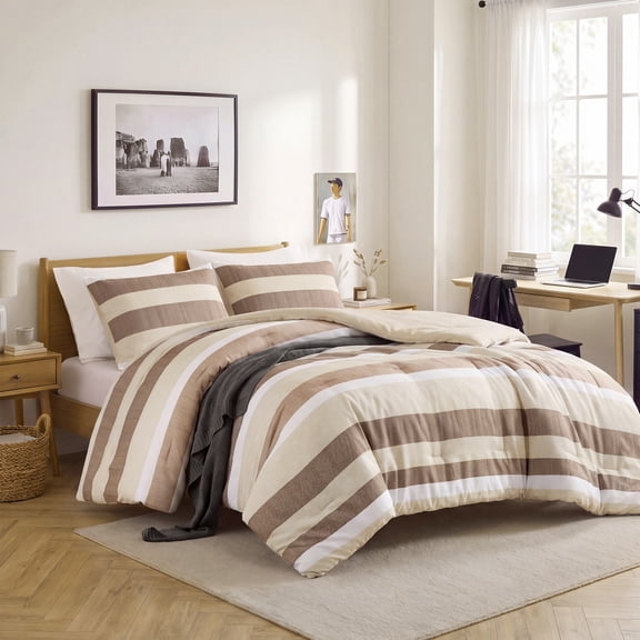 Regency Heights 3-Piece Comforter Sets, Reversible Striped Comforter Set for Dorm, Lightweight All Season Bedding Set with Pillow Shams,Full/Queen, Terracotta