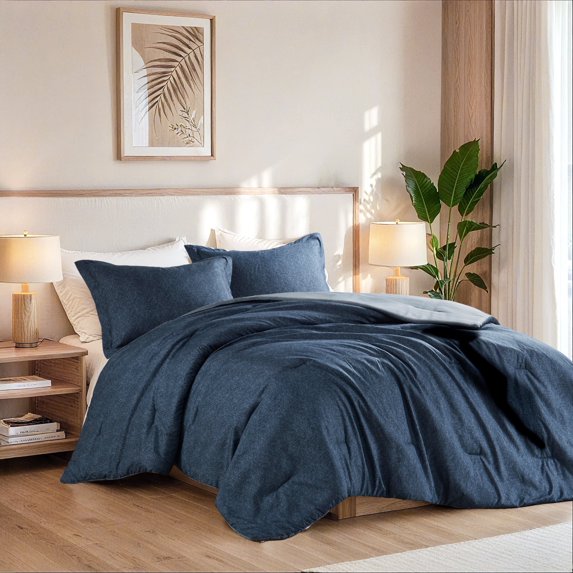 Regency Heights Full/Queen Comforter Sets, Reversible 3 Piece Extra Soft Bedding Set, Chambray Print Navy Blue Comforter Bed Set with Pillow Shams