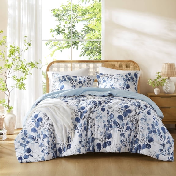 Regency Heights Full/Queen Comforter Sets, Reversible Seersucker Floral Bedding Sets, 3 Piece Lightweight Navy/Blue Botanical Flowers Comforter Bed Set with Pillow Shams