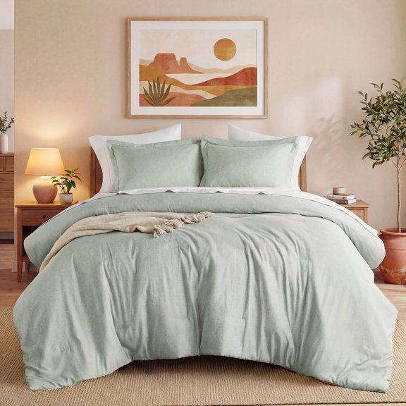 Regency Heights Full/Queen Comforter Sets, Reversible 3 Piece Extra Soft Bedding Set, Chambray Print Sage Green Comforter Bed Set with Pillow Shams