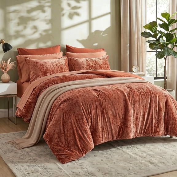 Regency Heights Crushed Velvet Comforter Set, 6 Piece Bed in a Bag with Comforter, Sheets, Pillowcases & Sham, Plush Soft All Season Bedding Set, Twin/Twin XL, Burnt Orange