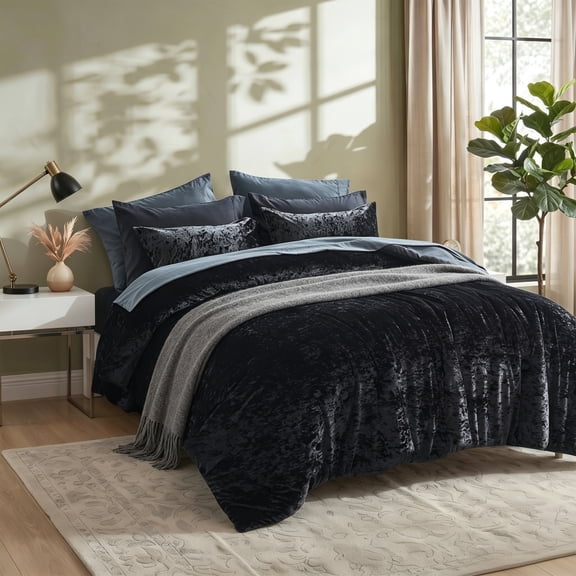 Regency Heights Crushed Velvet Comforter Set, 9-Piece Luxury Bedding Set with Sheets & Pillowcases, Ultra Soft All Season Queen Size Bed in a Bag, Black