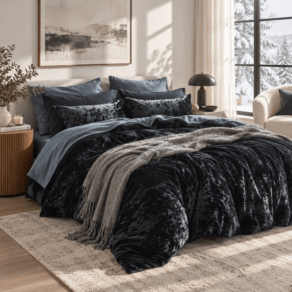 Regency Heights Crushed Velvet Comforter Set, 6 Piece Bed in a Bag with Comforter, Sheets, Pillowcases & Sham, Plush Soft All Season Bedding Set, Twin/Twin XL, Black