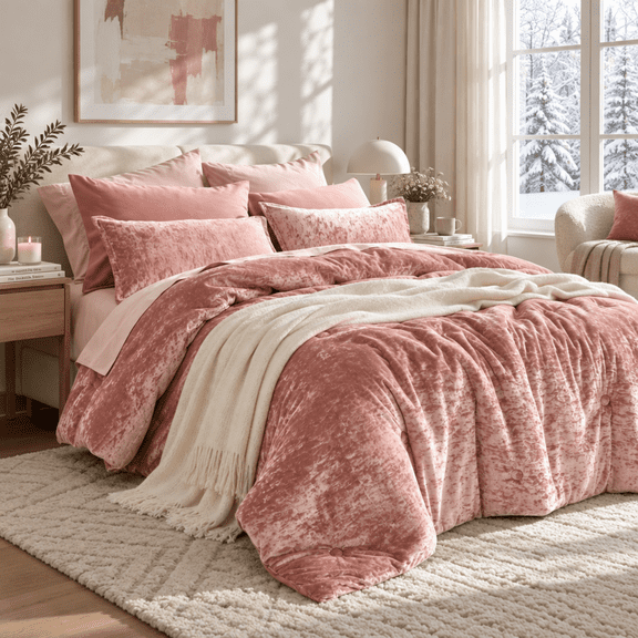 Regency Heights Crushed Velvet Comforter Set, 9 Piece Bed in a Bag with Comforter, Sheets, Pillowcases & Sham, Plush Soft All Season Bedding Set, Queen, Blush