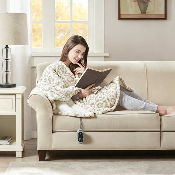 Regency Heights Damask Heated Sherpa Snuggle Wrap Throw, Grey Lattice Ultra Cozy Heated Electric Blanket in 50x64"