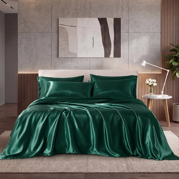 Regency Heights Emerald Satin Sheet Set King Size, 6-Piece Silky Bed Sheets with 16" Deep Pocket Fitted Sheet