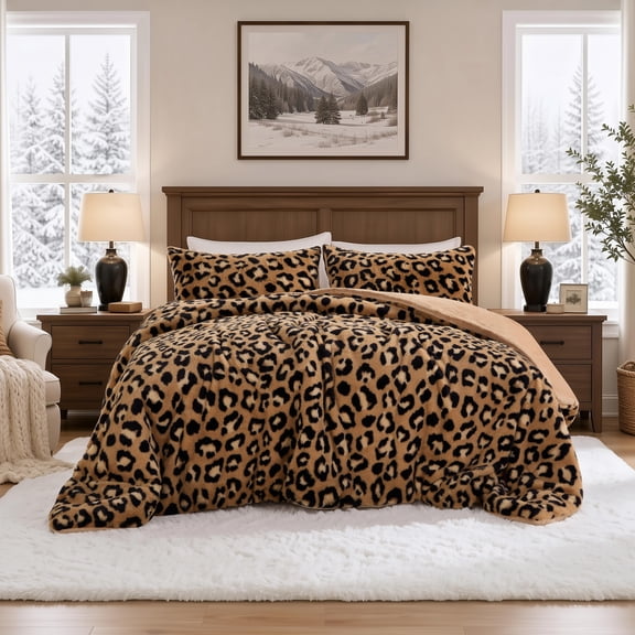 Regency Heights Twin/Twin XL Faux Fur Comforter Set – 2-Piece Reversible Brown Leopard Print Bedding, Plush Velvet Reverse, Animal Print Luxury Decor