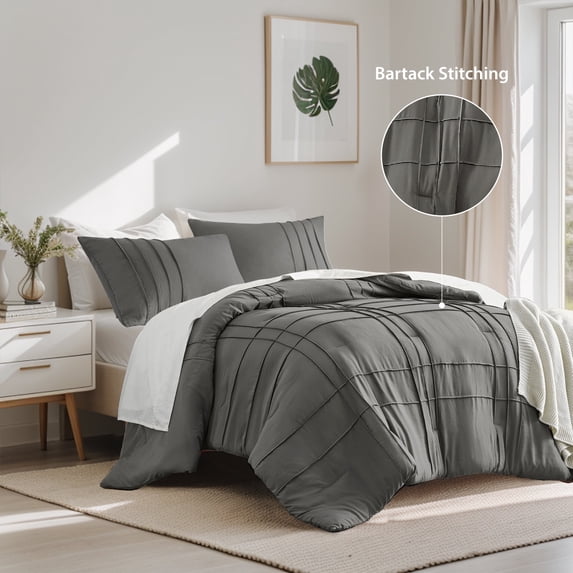 Regency Heights Full Comforter Set , Boho 3-Piece Pintuck Stitching Bedding Set, Soft Washed Pleated Bed Sets with Pillow Sham Grey