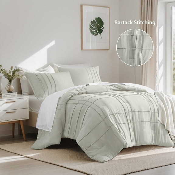 Regency Heights Full Comforter Set, Boho 3-Piece Pintuck Stitching Bedding Set, Soft Washed Pleated Bed Sets with Pillow Sham Silver