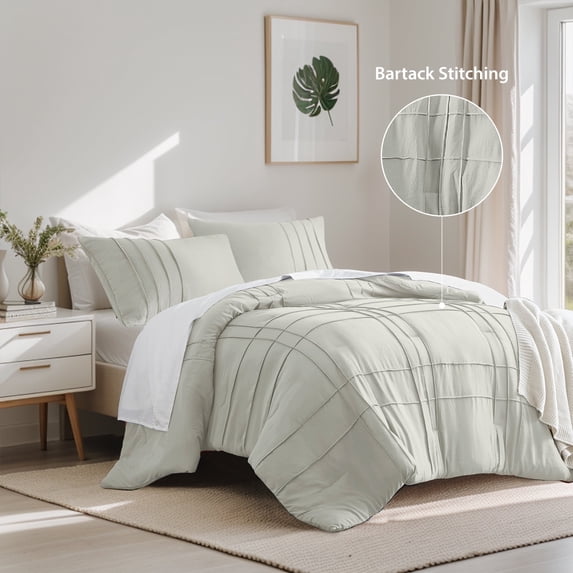 Regency Heights Full Comforter Set, Boho 3-Piece Pintuck Stitching Bedding Set, Soft Washed Pleated Bed Sets with Pillow Sham Silver