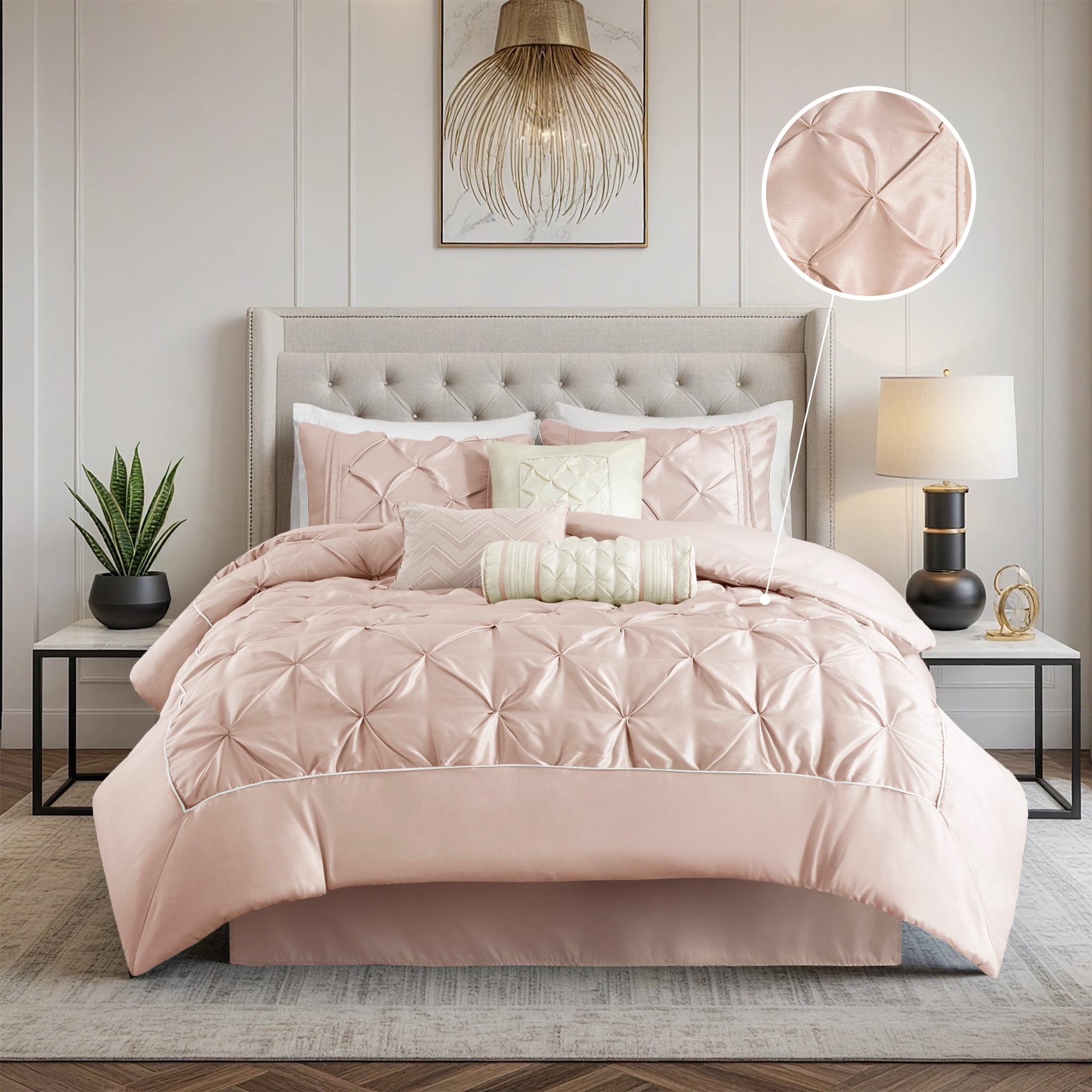 Blush Full 7-Piece Tufted Comforter Set with Decorative Pillows