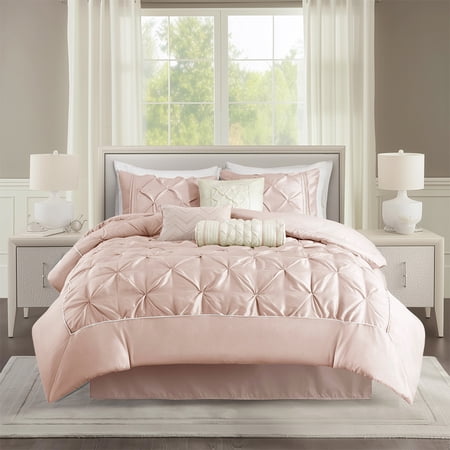 Regency Heights Full Comforter Sets, 7-Piece Tufted Pintuk Bed in a Bag Bed Set, Satin Luxury Blush Comforter Bedding Set with Decor Pillow