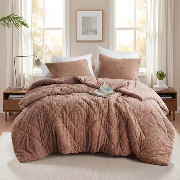 Regency Heights Full/Queen Quilted Plush Comforter Set, 3-Piece Reversible Feather-Soft Bedding Sets, Textured Sherpa Comforter Bed Set for All Season, Brown