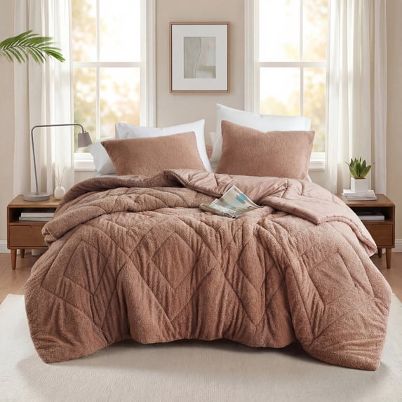 Regency Heights Full/Queen Quilted Plush Comforter Set, 3-Piece Reversible Feather-Soft Bedding Sets, Textured Sherpa Comforter Bed Set for All Season, Brown