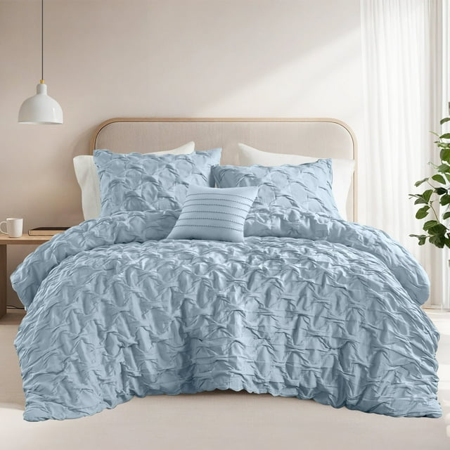Regency Heights Full/Queen Comforter Set Blue, 4 Pieces Pucker Woven Comforters Full/Queen Size, Solid Bedding Comforters Sets