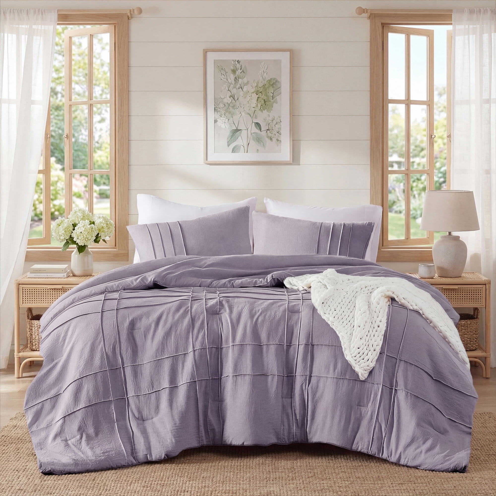 Regency Heights Full/Queen Comforter Set, Boho 3-Piece Pintuck Stitching Bedding Set, Soft Washed Pleated Bed Sets with Pillow Shams, Lavender
