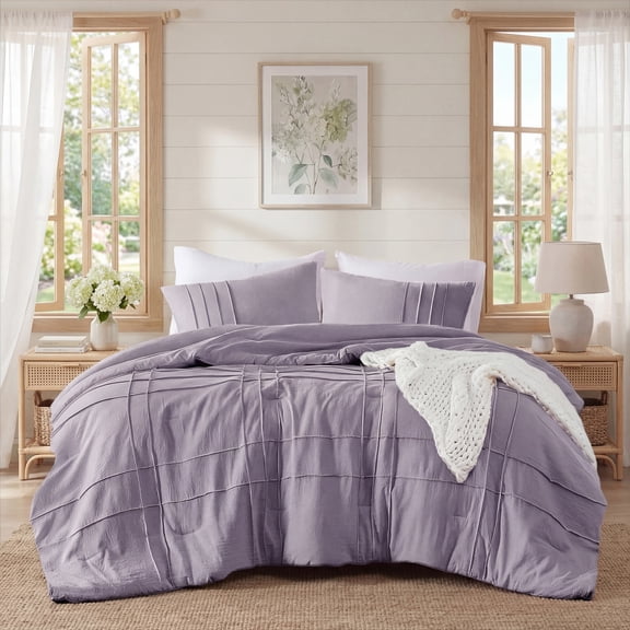 Regency Heights Full/Queen Comforter Set, Boho 3-Piece Pintuck Stitching Bedding Set, Soft Washed Pleated Bed Sets with Pillow Shams, Lavender