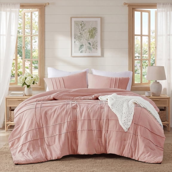 Regency Heights Full/Queen Comforter Set, Boho 3-Piece Pintuck Stitching Bedding Set, Soft Washed Pleated Bed Sets with Pillow Shams, Rose Pink