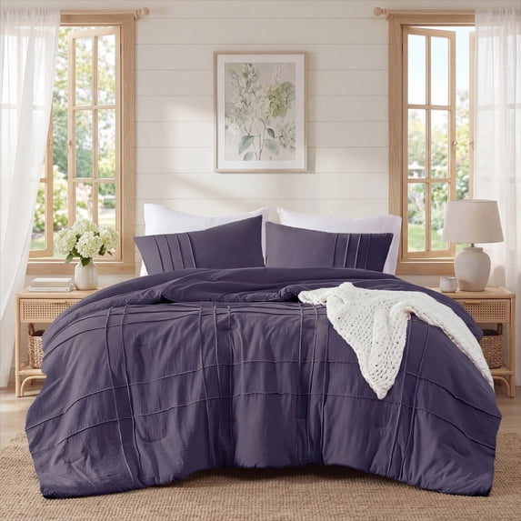 Regency Heights Full/Queen Comforter Set, Boho 3-Piece Pintuck Stitching Bedding Set, Soft Washed Pleated Bed Sets with Pillow Shams, Skipper Blue