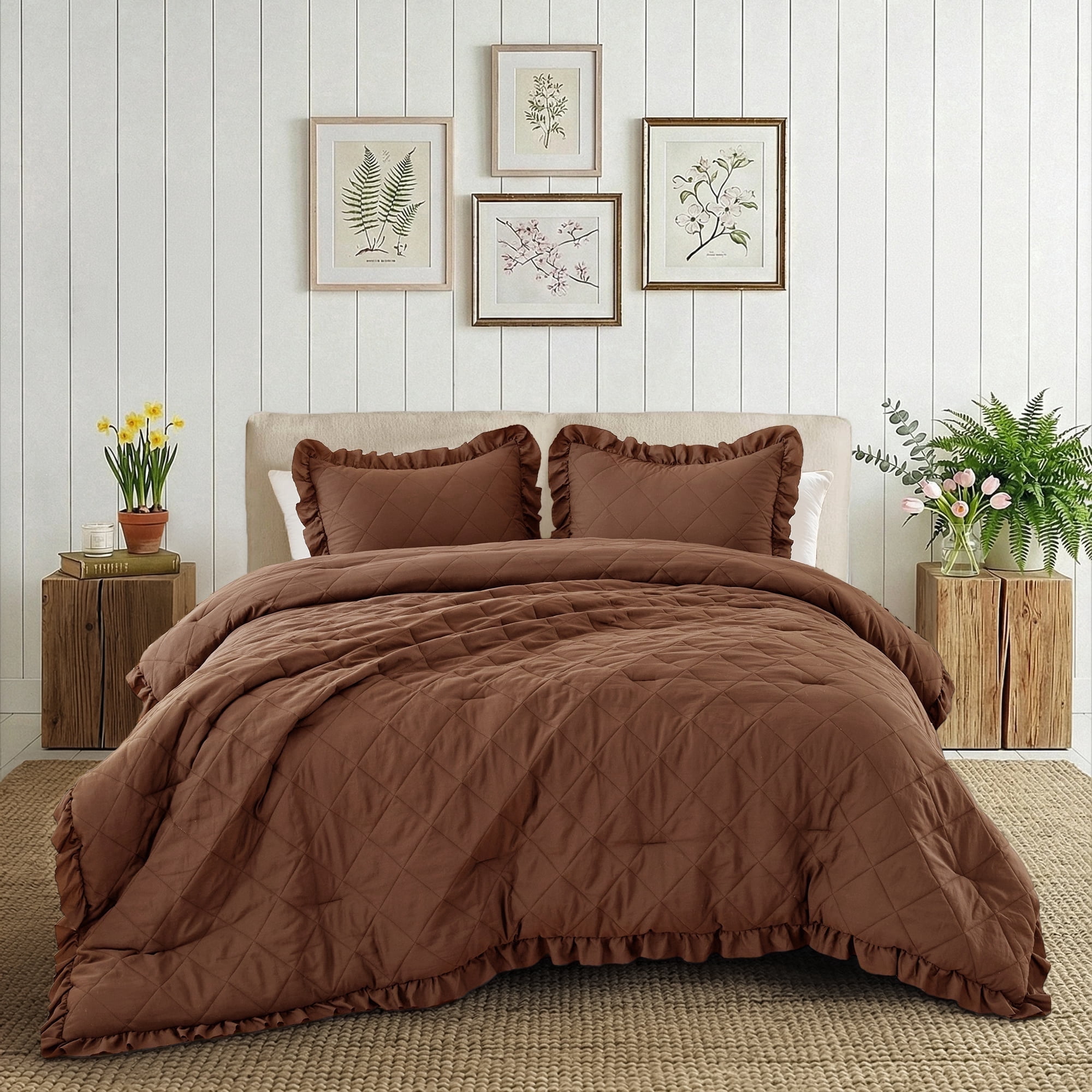 Regency Heights Full/Queen Comforter Set Brown, 3 Pieces Quilted Ruffle Comforters Full/Queen Size, Solid Bedding Comforters Sets, Gift for Women
